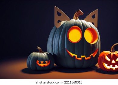 Pumpkin Group With A Funny And Fun Halloween Cat Pumpkin, 3d Illustration