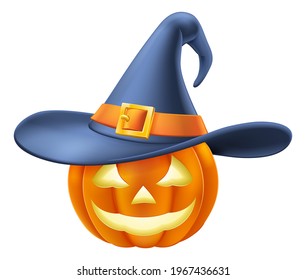 A pumpkin Halloween carved jack o lantern wearing witchs hat cartoon