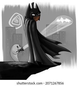 A Pumpkin Head Man In A Bat Costume On The Background Of A Night City Behind A Ghost Shines A Flashlight Signal Of A Pumpkin Bat Grey Background Funny Halloween Illustration