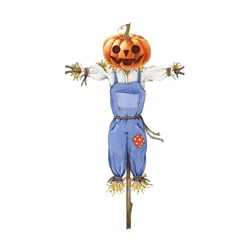 Pumpkin Head Scarecrow Watercolor Illustration. Hand Drawn Cartoon Style Halloween Spooky Element. Countryside Hay Stuffed Funny Smiling Scarecrow With Pumpkin Head. White Background