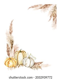 Pumpkin And Pampas Grass Arrangement. Fall Boho Style Watercolor Illustration. Autumn, Harvest, Thanksgiving Card, Greeteng, Stationery, Fall Wedding Invitation