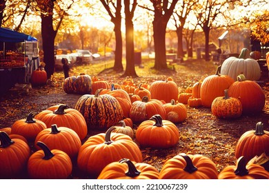 A pumpkin patch sale in the countryside fall golden hour glowing warm farm bumpkin autumnal farm's market sunny day 3d illustration - Powered by Shutterstock