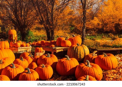 A pumpkin patch sale in the countryside fall golden hour glowing warm farm bumpkin autumnal farm's market sunny day 3d illustration - Powered by Shutterstock