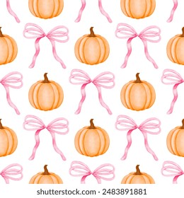 Pumpkin and pink coquette bow trellis seamless pattern, Cute preppy girly grandmillennial halloween and fall printable digital paper background for fabric and wallpaper  - Powered by Shutterstock