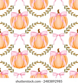 Pumpkin and pink coquette bow trellis seamless repeating pattern, Preppy grandmillennial fall digital paper background for fabric print - Powered by Shutterstock