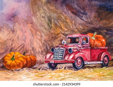 Pumpkin   red truck hay background  Thanksgiving day  Autumn season still life  Orange colors  Good for post greeting card   Watercolor painting  Acrylic drawing art  A piece art  