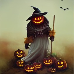 A Pumpkin Scarecrow With A Body, Wearing A Pointy Hat And Holding A Staff. Mist All Around, Smiling Pumpkins With Glowing Eyes And Flying Bat. 