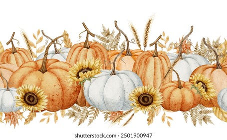 Pumpkin seamless border with sunflowers and spikelet. Watercolor illustration of pattern with autumn orange and white gourds on isolated background. Fall ornament for harvest festival or Halloween. - Powered by Shutterstock