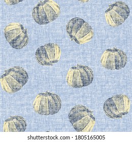 Pumpkin Seamless Pattern With Linen Fabric Textures . Pumpkin Background Foe Harvest Festival Or Thanksgiving Day.  Repeating Print