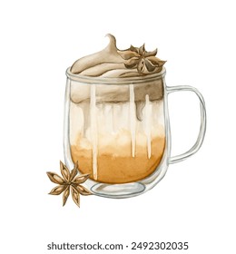 Pumpkin Spice Dalgona Coffee with stars anise in double-layer glass mug. Traditional Korean whipped autumn beverage. Watercolor food illustration hand painted isolated on white background for menu - Powered by Shutterstock