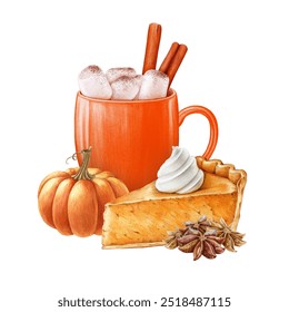 Pumpkin spice latte with marshmallow in a mug with pie slice. Vintage style painted illustration. Autumn traditional hot tasty drink with pastry. Pumpkin latte in orange cup on white background - Powered by Shutterstock