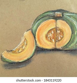 Pumpkin still life in dry pastels brown paper background