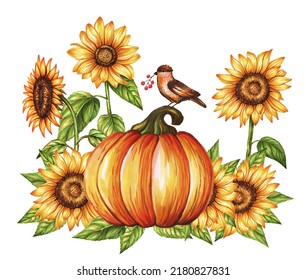 Pumpkin  sunflower  bird isolated white  Marker art   watercolor  illustration  Perfect for thanksgiving day design  card  banner  template  decoration  print