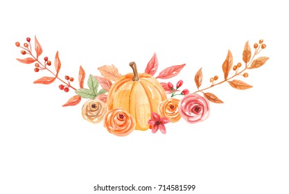 Pumpkin Watercolor Autumn Fall Hand Painted Floral Arrangement 