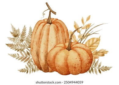 Pumpkin watercolor autumn illustration. Drawing of gourds with fall leaves on isolated background. Rustic sketch for harvest festival invitations or thanksgiving greeting cards. Floral rural art. - Powered by Shutterstock