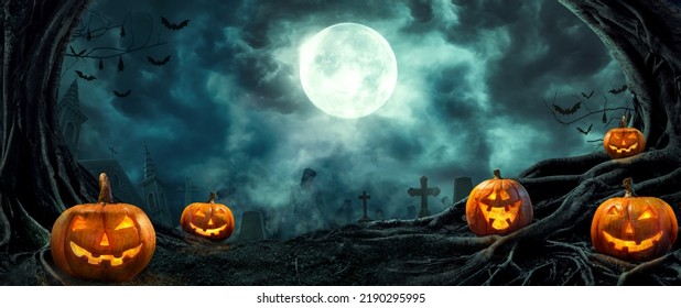 Pumpkin Zombie Rising Out Of A Graveyard Cemetery And Church In Spooky Scary Dark Night Full Moon Bats On Tree. Holiday Event Halloween Banner Background Concept. 