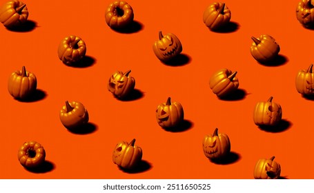 Pumpkins on orange background. Pattern for cafe, menu, restaurant. 3d template background. Halloween. 3d render. - Powered by Shutterstock