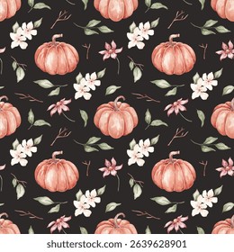 Pumpkins seamless pattern hand drawn by watercolor. Thanksgiving background. Halloween traditional symbols and fall objects. Pumpkins, autumn flowers and leaves