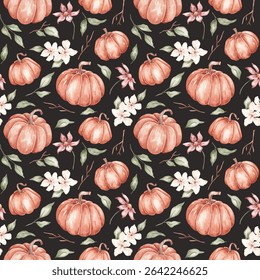 Pumpkins seamless pattern hand drawn by watercolor. Thanksgiving background. Halloween traditional symbols and fall objects. Pumpkins, autumn flowers and leaves