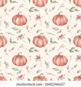 Pumpkins seamless pattern hand drawn by watercolor. Thanksgiving background. Halloween traditional symbols and fall objects. Pumpkins, autumn flowers and leaves - Powered by Shutterstock - Get 15% off with code: PIKWIZARD15