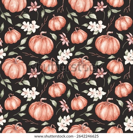 Pumpkins seamless pattern hand drawn by watercolor. Thanksgiving background. Halloween traditional symbols and fall objects. Pumpkins, autumn flowers and leaves