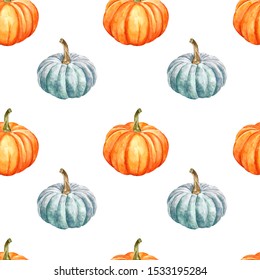 Pumpkins seamless pattern  Simple design  hand painted autumn veggies white background  isolated  Orange   blue gourds  Best for fall themed design  Thanksgiving cards  halloween wallpaper 