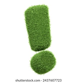 A punctuation exclamation mark symbol made of green grass isolated on a white background, representing excitement or importance in nature themes, isolated on white. 3D render illustration