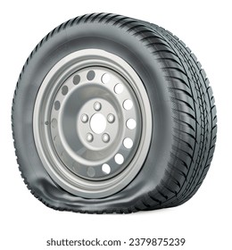 Punctured car wheel, 3D rendering isolated on white background