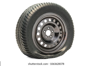 Punctured Car Wheel, Flat Tire. 3D Rendering Isolated On White Background