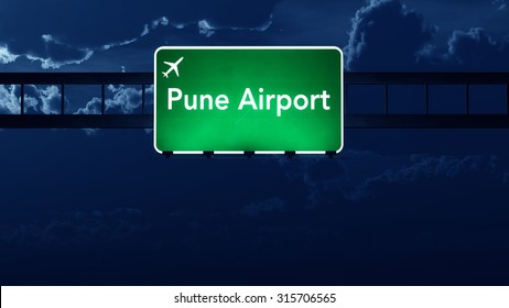 Pune India Airport Highway Road Sign At Night 3D Illustration