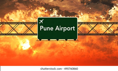 Pune India Airport Highway Sign In An Amazing Sunset Sunrise 3D Illustration