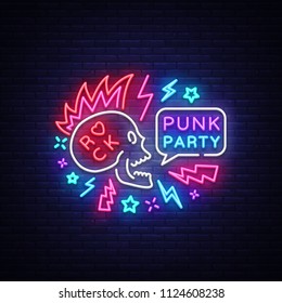 Punk Party Neon Sign . Rock music logo, night neon signboard, design element invitation to Rock party, concert, festival, night bright advertising, light banner. illustration. - Powered by Shutterstock