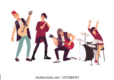 Punk Rock Band Performing On Stage. Group Of Young Teenage Men And Women With Mohawks Singing And Playing Music During Concert Isolated On White Background. Flat Cartoon Illustration.