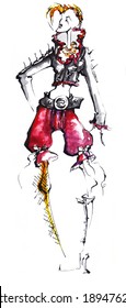 Punk Style. Fashion Illustration. Watercolor. Girl In A Jacket With Spikes, Belt And Shorts.