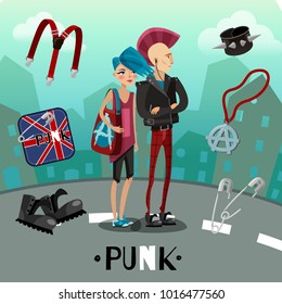 Punk subculture composition including people with flashy appearance and accessories on city background cartoon style  illustration  