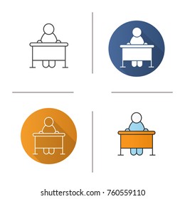 Pupil icon  Flat design  linear   color styles  School student sitting at desk  Isolated raster illustrations