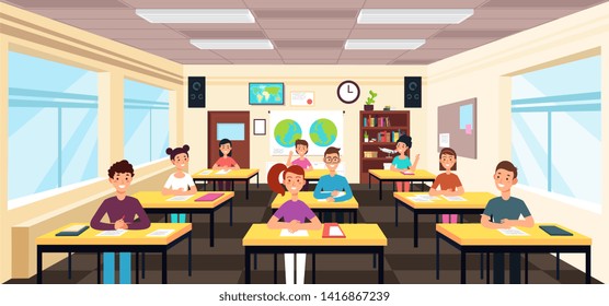 Pupils study in classroom interior. Pupils in school lesson concept. Study classroom interior with desk and chair. illustration - Powered by Shutterstock