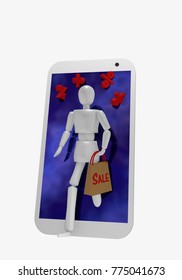 A Puppet Comes Out Of The Display Of A Cellphone. In Her Hand She Holds A Grocery Bag On The Sale Stands. 3d Rendering