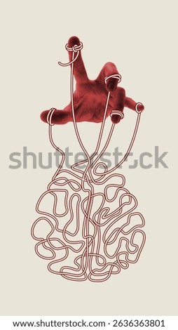 Puppet Mind. Red hand moves tangled brain by threads tied to fingers, symbolizing control, dependence and emotional manipulation. Conceptual art collage. Concept of anxiety, emotional pressure