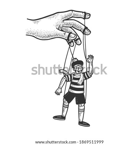 Puppet and puppeteer sketch engraving raster illustration. T-shirt apparel print design. Scratch board imitation. Black and white hand drawn image.