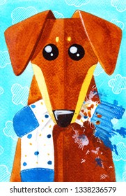 Puppy Chew Sock Portrait Illustration. Watercolor Hand Drawn