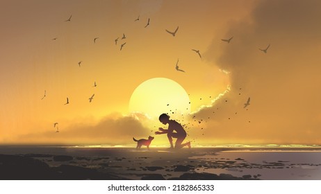 Puppy looking at the boy shattering into dust against the sutset background, digital art style, illustration painting