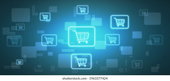 Purchase Online Concept With Glowing Digital Shopping Cart Icons On Abstract Blue Background. 3D Rendering