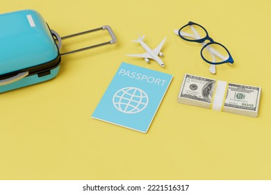 Purchase Of A Plane Ticket. Plane, Passport, Money, Luggage And Glasses On A Yellow Background. 3D Render.