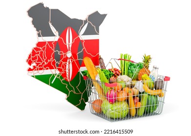 Purchasing Power And Market Basket In Kenya Concept. Shopping Basket With Kenyan Map, 3D Rendering Isolated On White Background