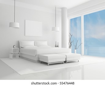 pure white bedroom with blue sky on background - rendering