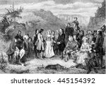 A Puritan Wedding, vintage engraved illustration. Magasin Pittoresque 1852.
