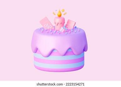 Purple 3D Cake with coupons and a gift. Holiday sale with big discounts on birthday. 3d rendering illustration - Powered by Shutterstock