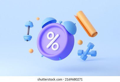 Purple alarm clock with a percentage  sign, dumbbells, barbell and fitness mat. The concept of online discounts. Sale of sporting goods. 3d rendering. - Powered by Shutterstock