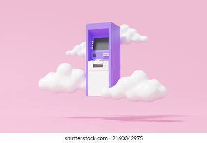 Purple Atm Automatic Deposit Machine Icon Floating Clouds On Pink Background. Rate Exchange, Money Transfer Account Concept. Cartoon Minimal. 3d Render Illustration